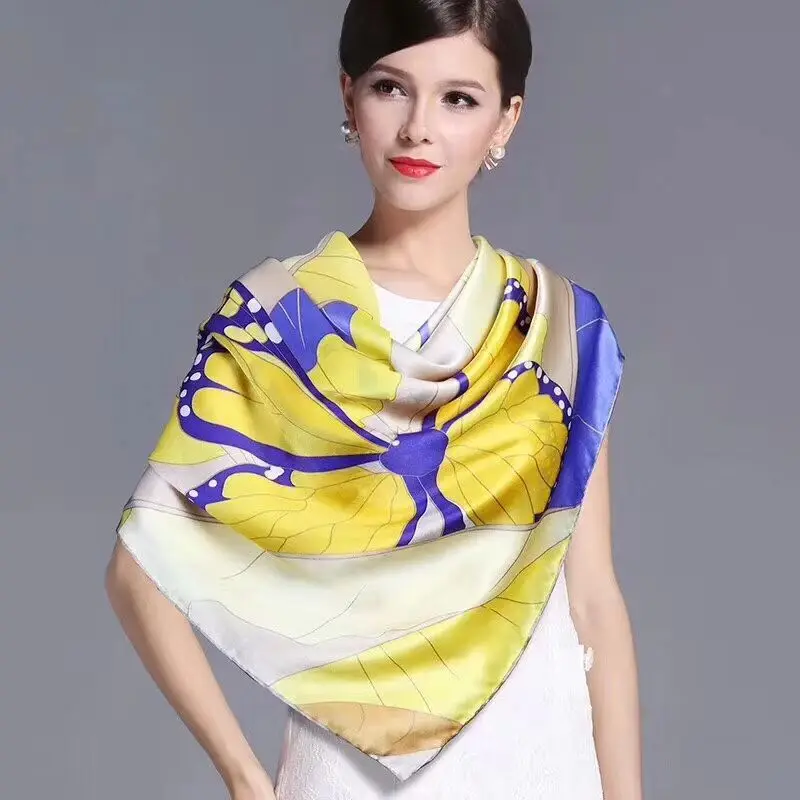 Модный Королевский Стиль Синий Розовый Шелковый шарф европейский американский бренд квадратные шарфы большого размера Роскошный горячего тиснения женский шарф, шаль - Цвет: yellow butterfly