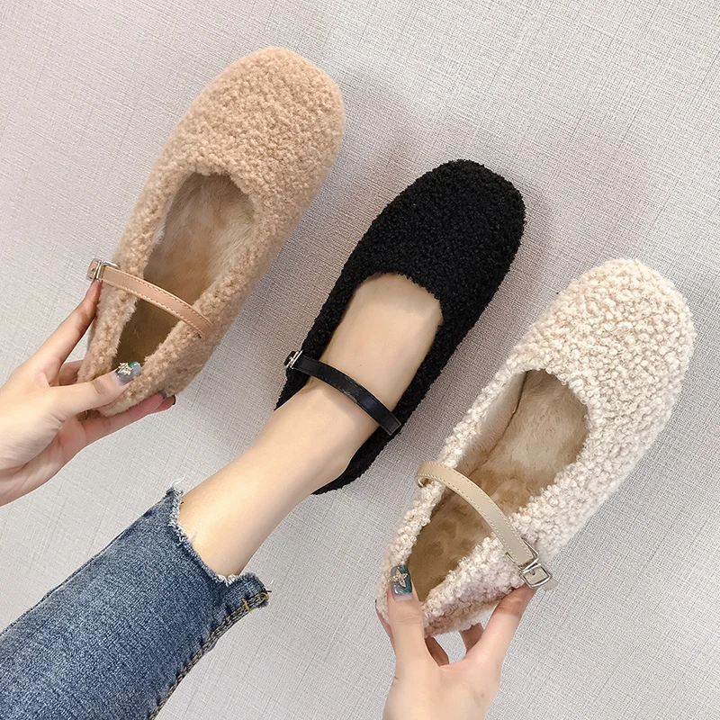 

OCEAN BS Peas shoes women 2018 winter new square head shallow mouth plush velvet single word buckle shoes Mary Jane shoes