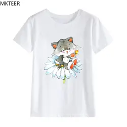 Летние хипстерские футболки в стиле Харадзюку с изображением кота и цветов Женская модная футболка с круглым вырезом Повседневная