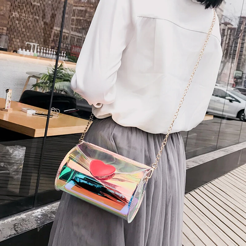 Loving Heart Laser Shiny Women Shoulder Bags Clear Crossbody Bag Transparent Small Messenger Bags Handbags PVC Phone Bag Satchel