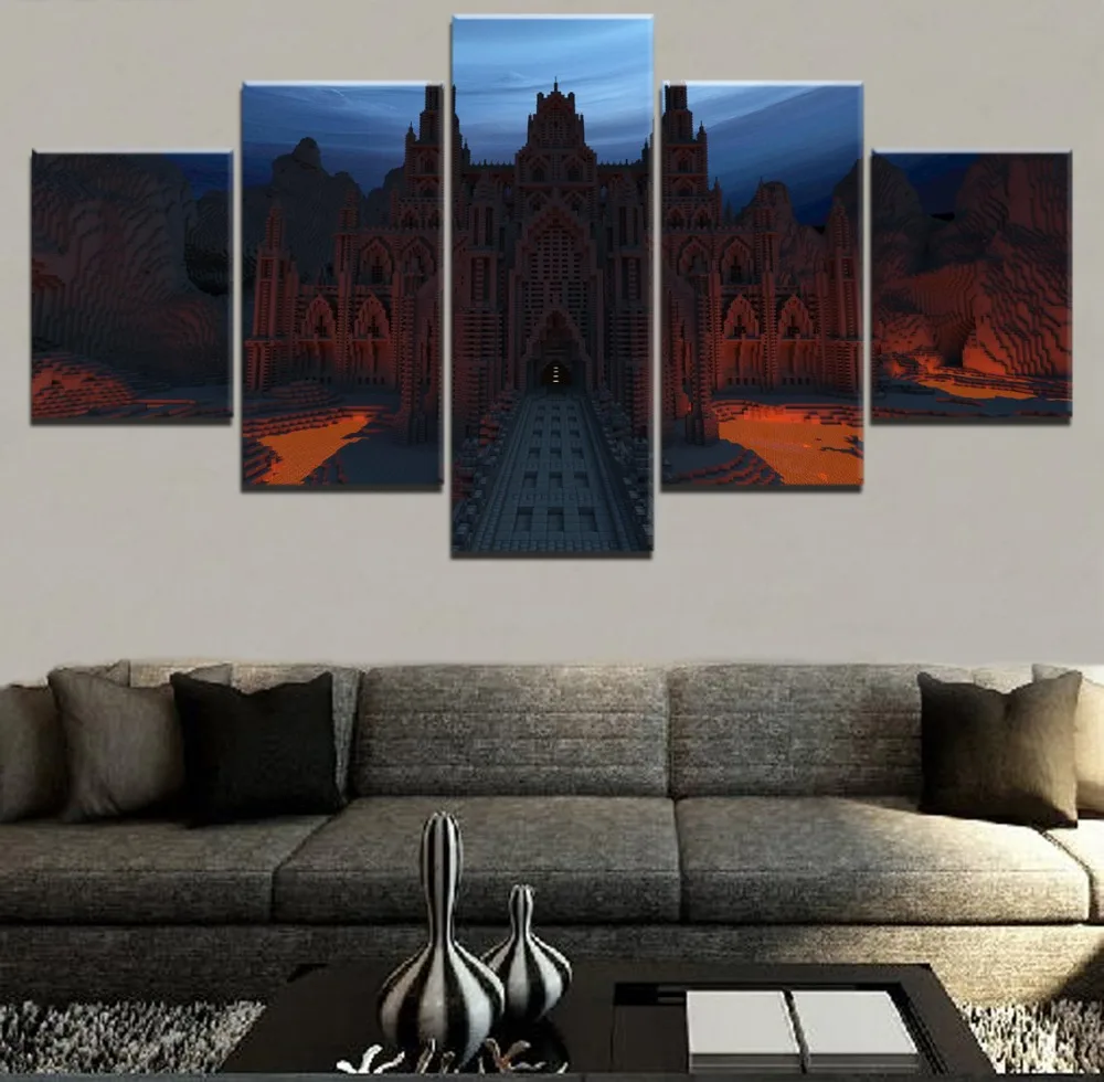 

Wall Art Painting For Home Decorations HD Printed Canvas Poster 5 Pieces Game Minecraft Landscape Castle Modular Pictures Framed