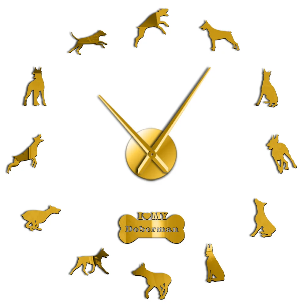 Gold Doberman Pinscher 3D DIY бесшумные настенные часы кварцевые часы с батарейным питомец магазин Бескаркасный Настенный декор подарок для любителя собак - Цвет: Gold