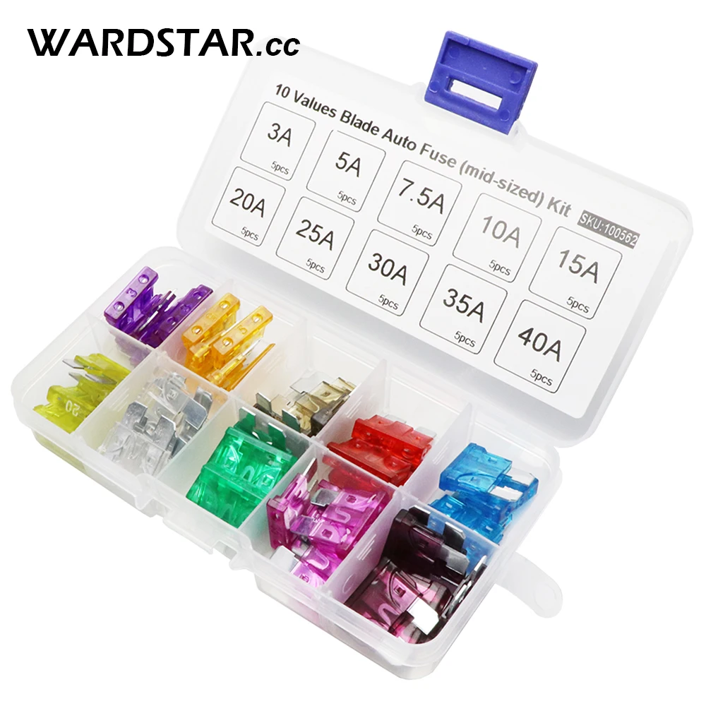 

50pcs/lot Standard ATO ATC Auto Car Blade Fuse Assortment Kit 10 Values Each 10pcs Using For Car Motorcycle (mid-sized)