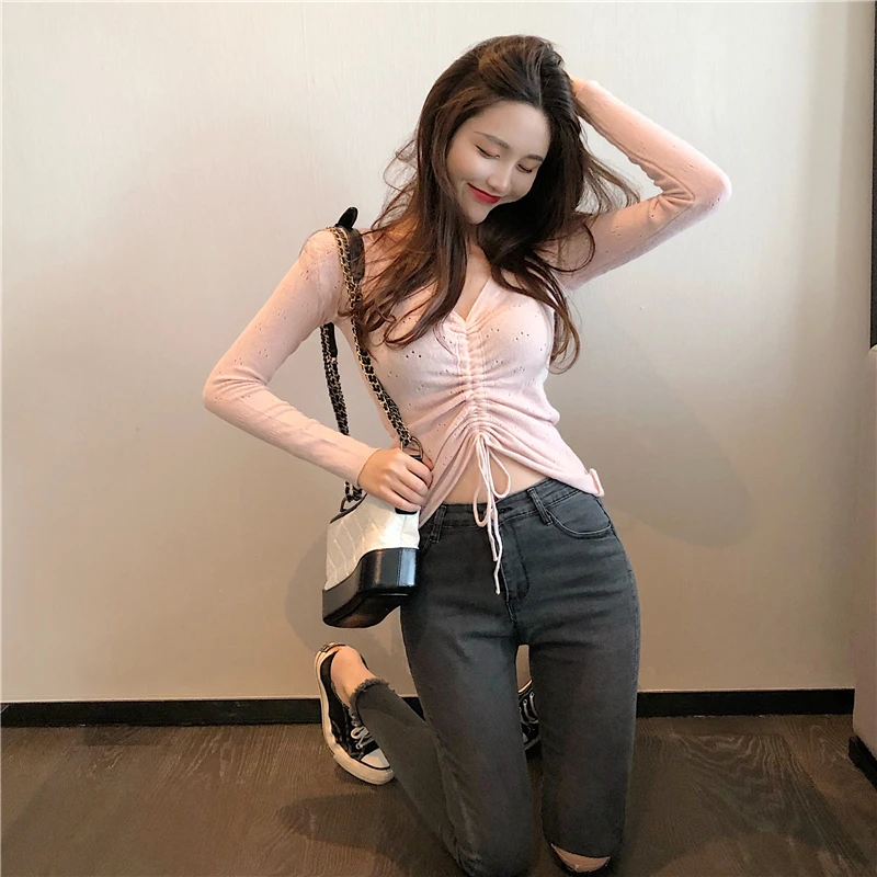 Solid Slim Sexy Drawstring Lace V-neck Top Autumn New Korean Long Sleeve Thin T Shirt Women | Женская одежда