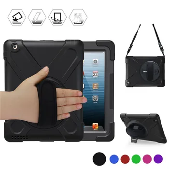 

For iPad 2 3 4 hand strap case 360 degrees rotable Handle Stand Hard Kickstand Layer Case Cover Skin With Strap shoulder+film