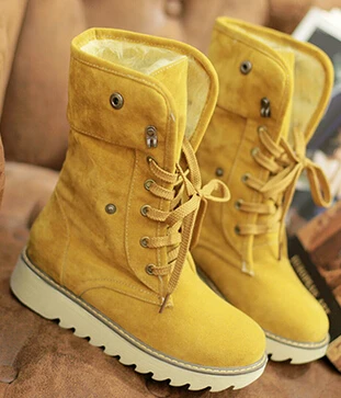 

Winter Women Sweet Thick Snow Boots Cotton Padded Short Thermal Casual lace-up Flat Boots Solid Color Large Plus Size 40-43