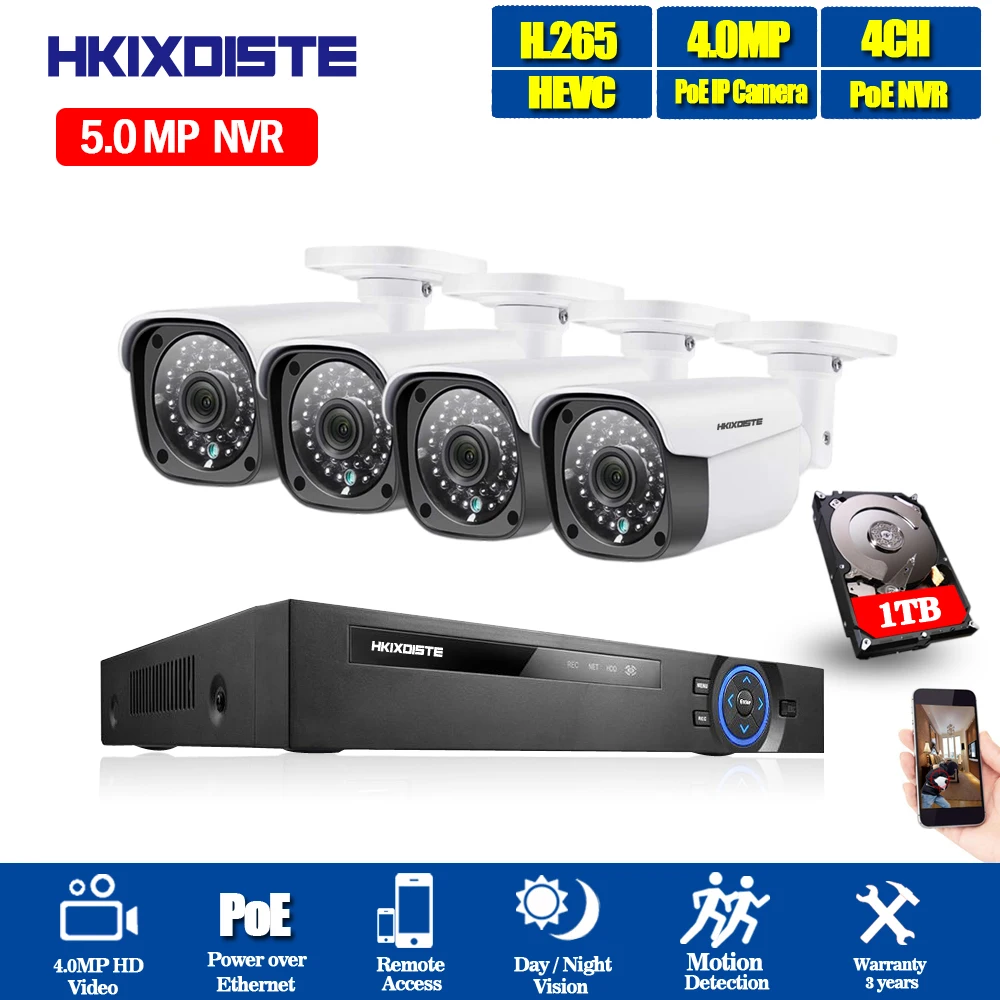H.265 5MP POE CCTV видео наблюдение NVR набор 4CH 4 шт 4MP IP камера комплект водонепроницаемый
