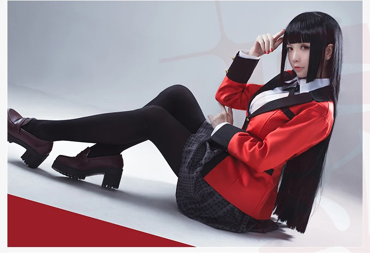 Популярные крутые костюмы для косплея, аниме Kakegurui Yumeko Jabami, японская школьная форма для девочек, полный комплект, куртка+ рубашка+ юбка+ чулки+ галстук