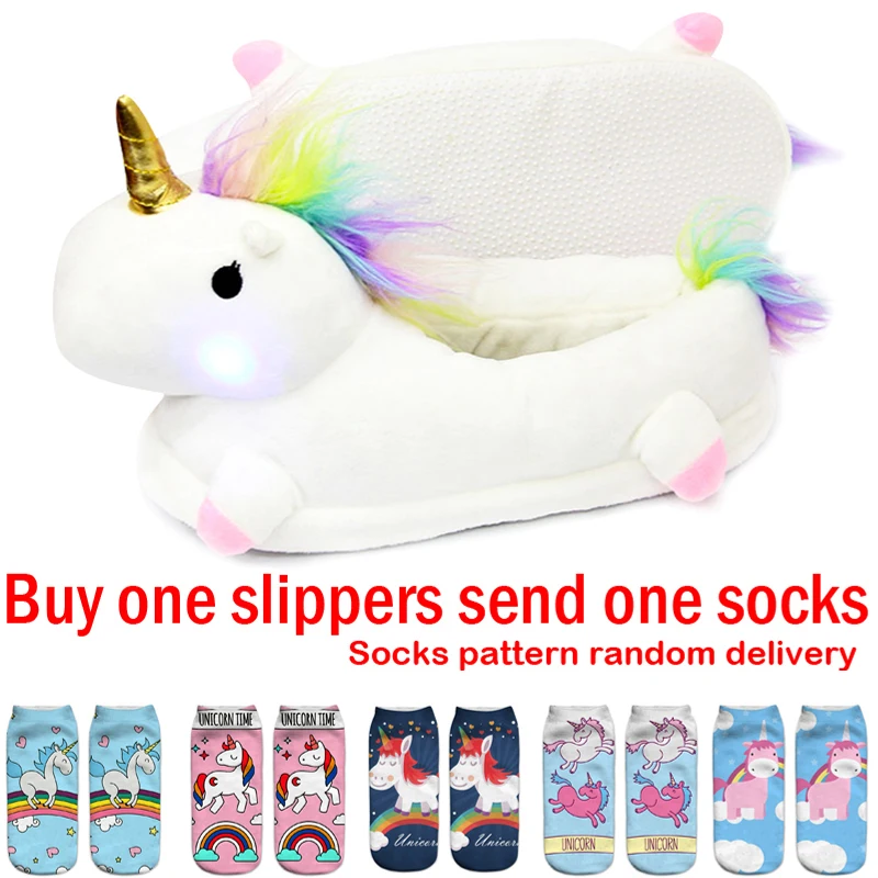 Online Invierno Caliente de peluche de felpa unicornio zapatillas niños niñas adolescentes Zapatillas de algodón luces zapatillas casa zapatillas tamaño 35 42