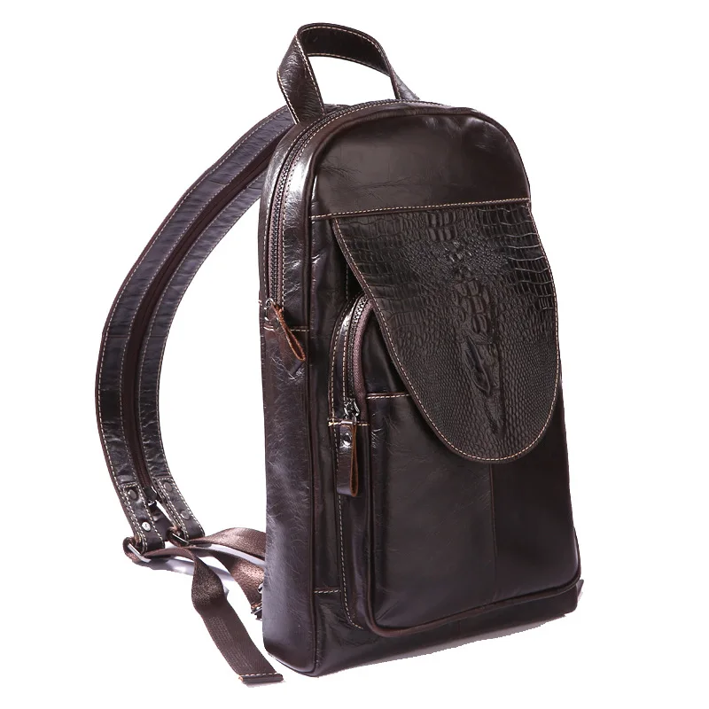 

Multipurpose Sling Chest Rucksack Genuine Leather Men Back pack Crocodile Pattern Retro Messenger Bags Male Single Shoulder Bag