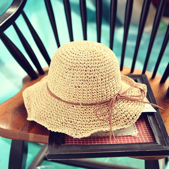 Handmade Weave Raffia Sun Hats For Women Black Ribbon Lace Up Large Brim Straw Hat Outdoor Beach Summer Caps Chapeu Feminino