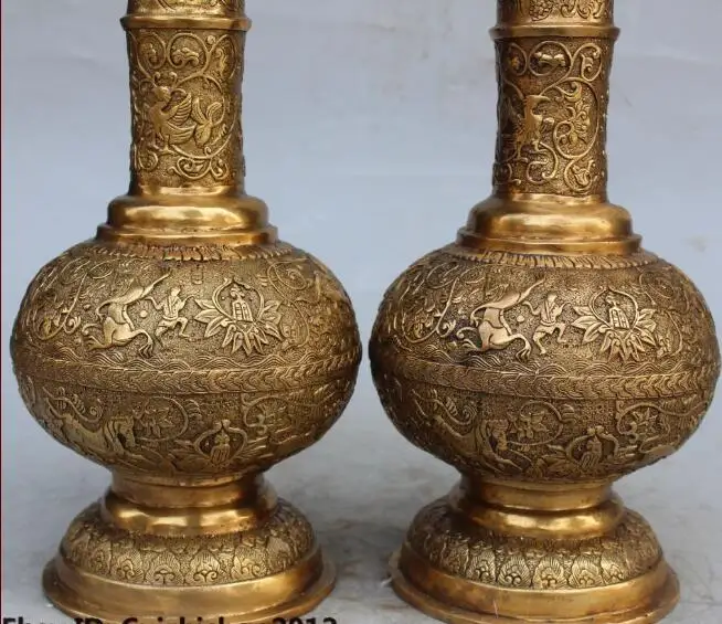 

S1653 14" China Dynasty Palace Bronze Zodiac Year Horse Flower Bottle Vase Statue Pair discount 30% (C0324)