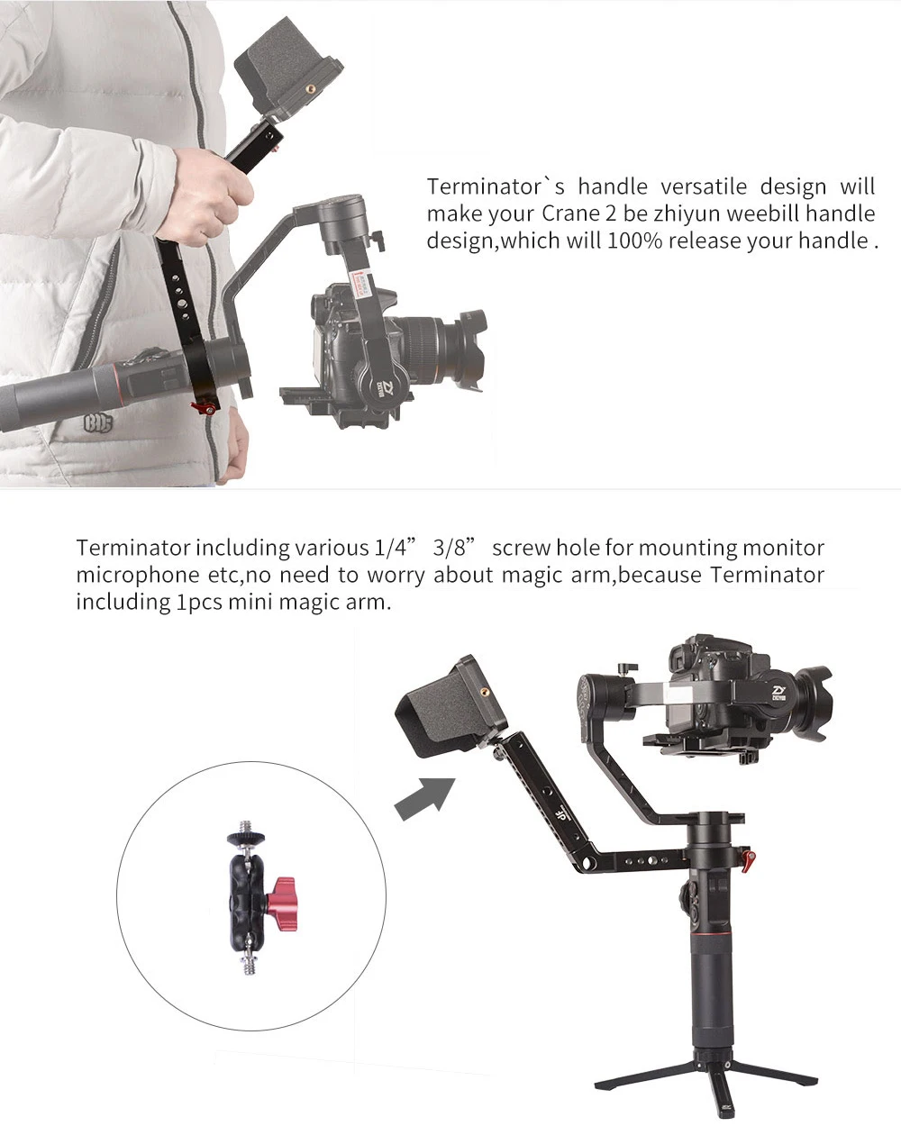 Терминаторы универсальные ручки аксессуары для Кардана для Ronin S Zhiyun Crane 2 как ZHIYUN weebill дизайн монтажный микрофон/монитор/светодиодный