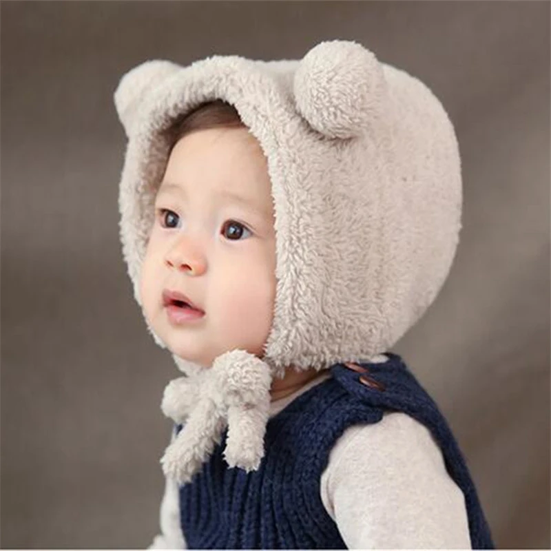 

Cute Baby Girls Boys Winter Warm Hat Thick Bear Ear Plush Beanie Bonnet With Ear Warmer Fashion Hats Cold-proof Lace Cap T2129