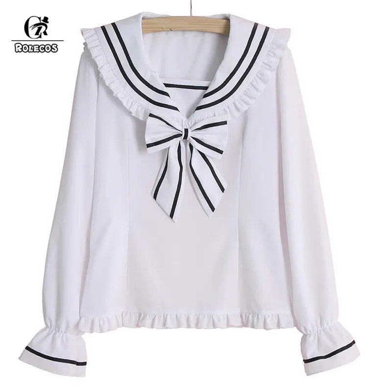 

ROLECOS Fashion Summer Sweet Lolita Blouse Women's White Shirt Ruffles Japanese School Uniform with Bowknot GC267