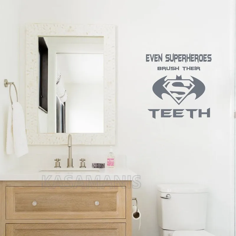 Even Superheros Brush Their Teeth  Decals  Childs Bathroom Decor