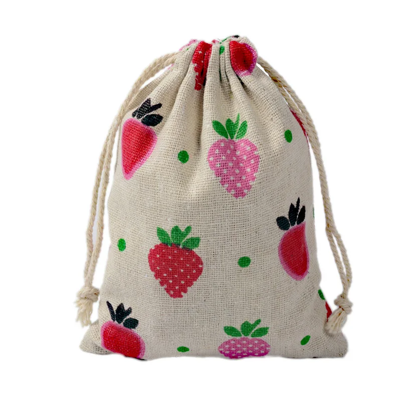 С принтом клубники 50 шт. 10x14 см Хлопок Drawstring Сумки 100% натуральный органический Муслин Хлопок Рождественский подарок сумка Чехлы h4003