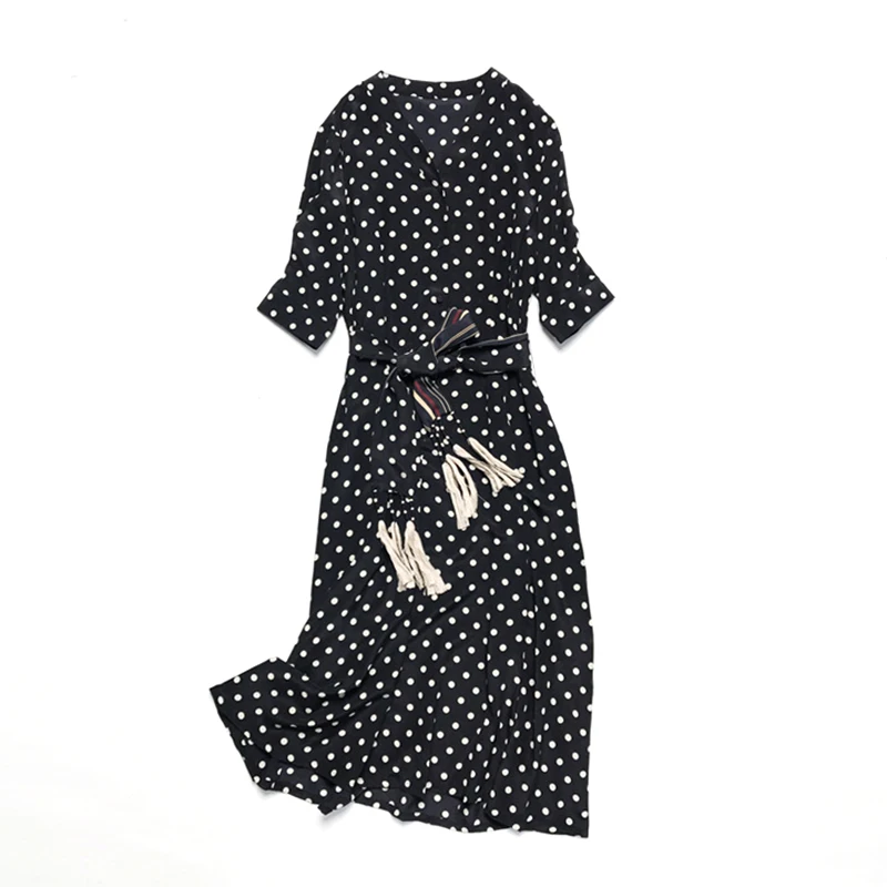

100% Silk Polka Dot Dress Women V-Neck Button Printed Simple summer High Quality Silk Dress Office Style Fashion 2019