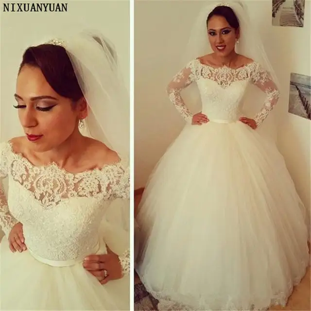 Gorgeous Arabic Ball Gown Wedding Dress African Illusion Bateau