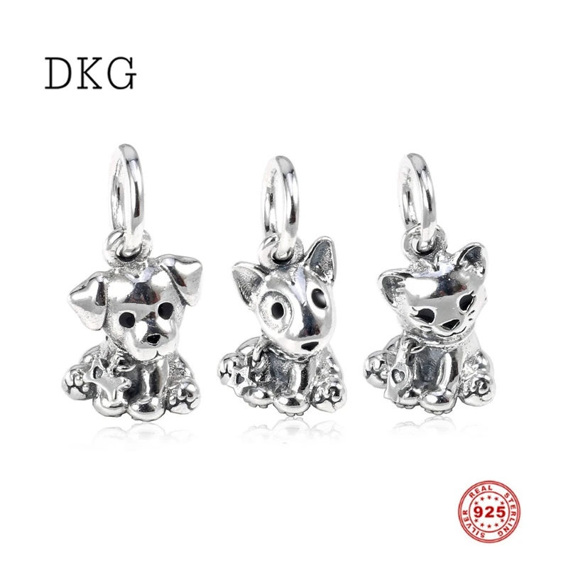 

NEW 925 Sterling Silver Labrador Puppy and Cat Hanging Animal Charm Beads for Women Original DKG Bracelets DIY Jewelry Making