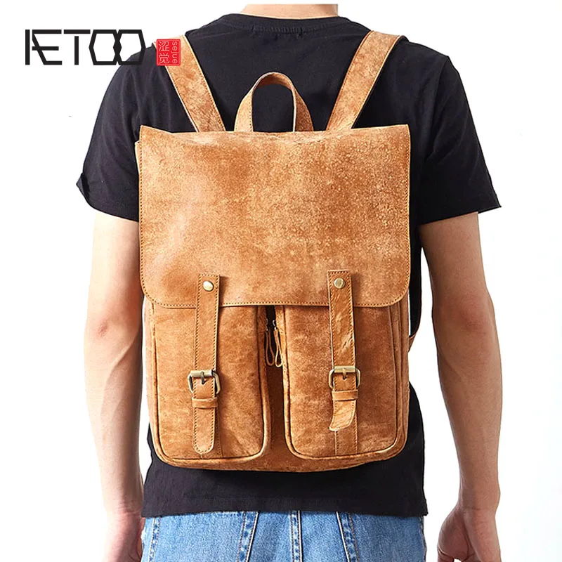 

AETOO New leather men bag fashion casual ultra-light cowhide backpack large-capacity portable luggage bag