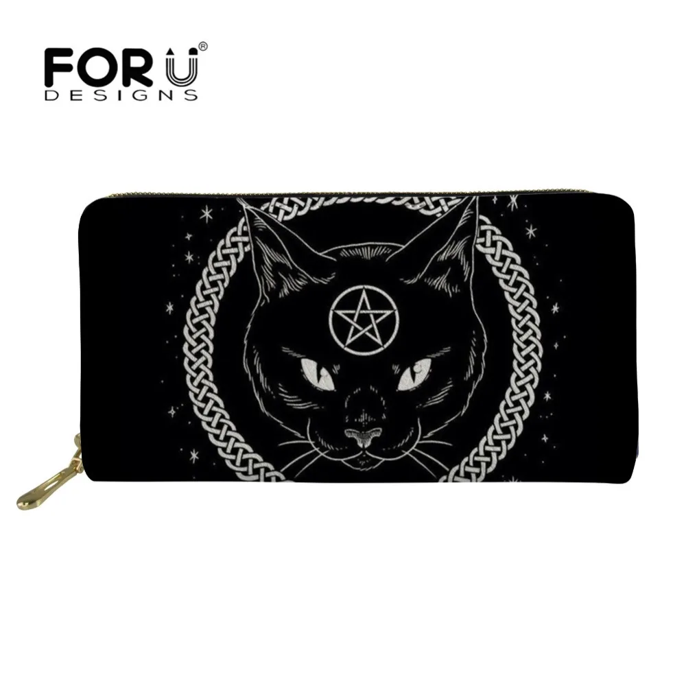 

FORUDESIGNS Gothic Moon Phase Witching Black Cat Women Wallets Leather Coin Pocket Card Holder Phone Clucth porte feuille femme