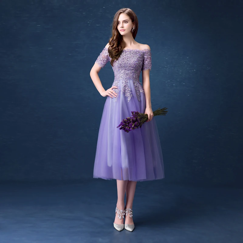 lavender tea length short sleeves prom dresses 2017 cocktail party