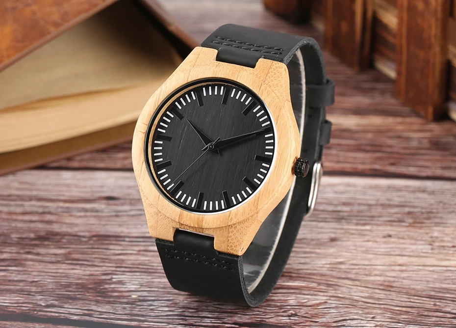 Top Gifts Super Pure Light Bamboo Case Watches Black Dial Analog Wood Watch Mens 100% Natural Casual Leather Quartz Wristwatches 2017 (13)