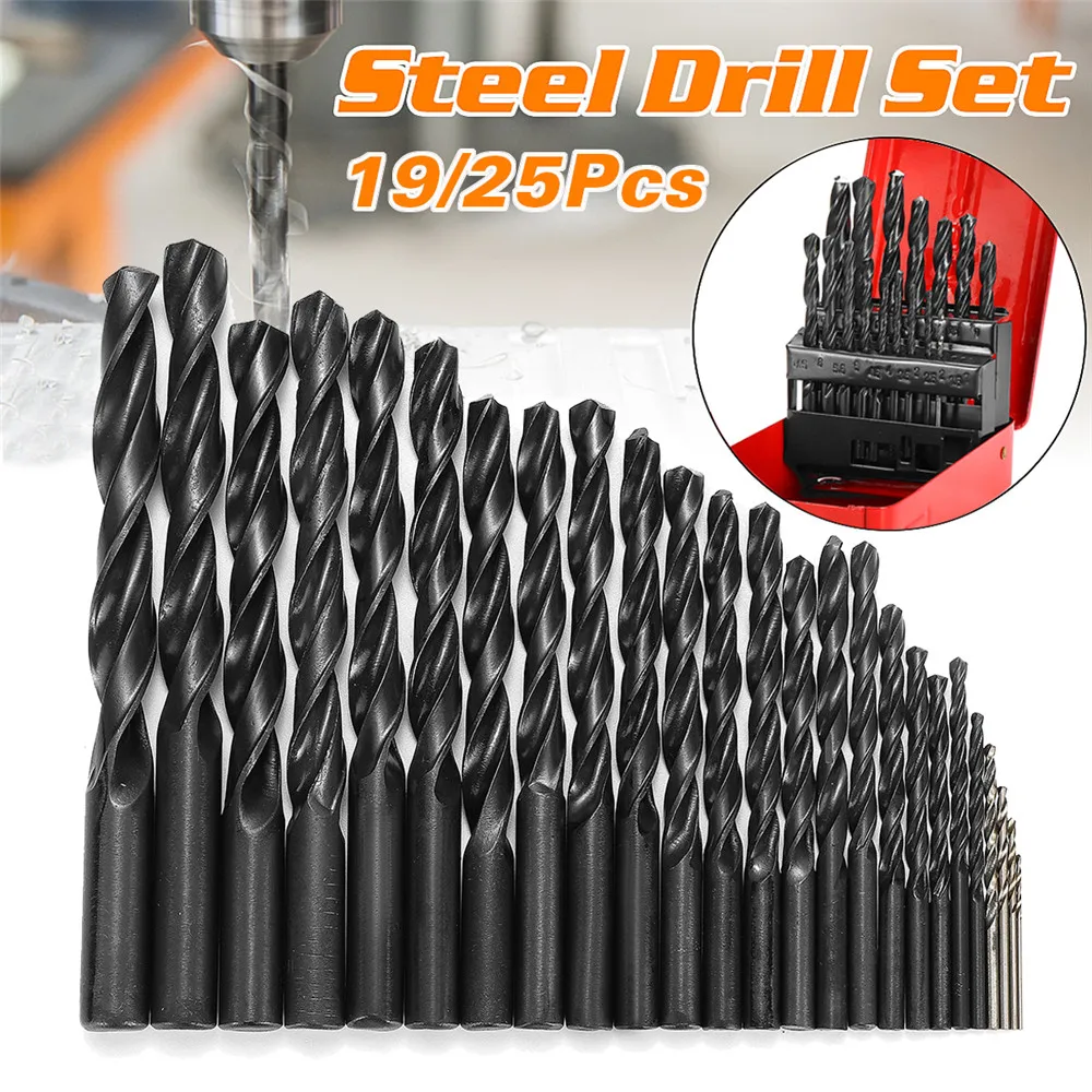 

Drillpro 19/25pcs 1-13mm High Speed Steel Twist Drill Bit Set with Metal Storage Box Woodworking Bits