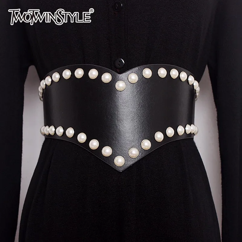 

TWOTWINSTYLE Pearls Belt Womens Irregular Hollow Out High Waist Black Wide Belts Female Summer Autumn Vintage New Accessories