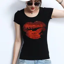 Размера плюс 4XL! Летняя женская футболка с короткими рукавами Лидер продаж красные губы тонкий хлопковых ярких расшитые бусинами и блестками, с круглым вырезом, футболки для мальчиков