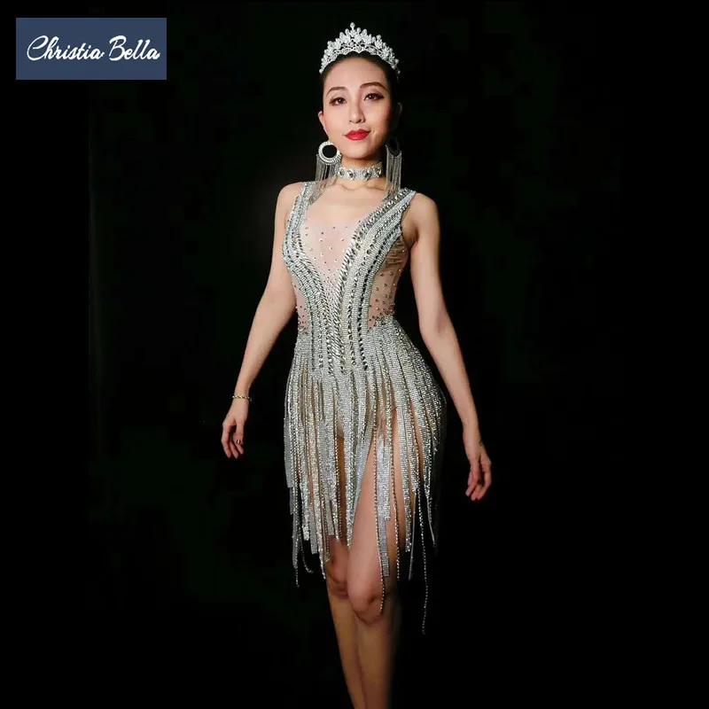 

Christia Bella Luxury Silver Crystal Tassel Dress Women See Through Bodysuits Nightclub DJ Singer Sexy Dress Pole Dance Leotard