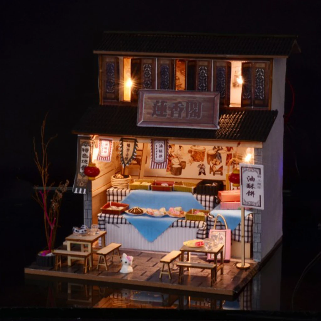 DIY Handcraft Miniature Project Wooden Dolls House Antique Snack Foods Shop Model Dollhouse Furniture LED Lights