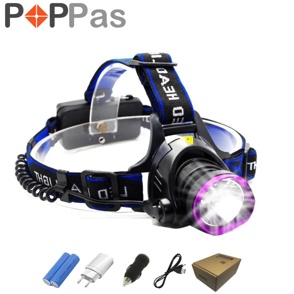 

PPOPAS LED XML-T6 Headlight1000 Lumens Lantern Violet Headlamp Frontal Waterproof 18650 Rechargeable Battery
