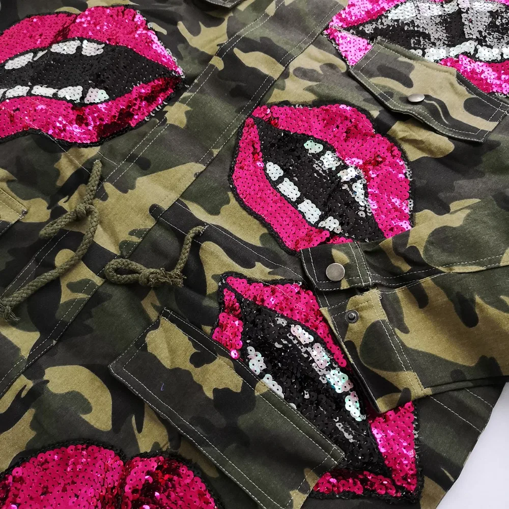 2018 Lips Sequins Beading Spring Jacket Coat Women Army Green Camouflage Women Bomber Jacket Casaco Feminino Women Basic Coats 2018 Lips Sequins Beading Spring Jacket Coat Women Army Green Camouflage Women Bomber Jacket Casaco Feminino Women Basic Coats