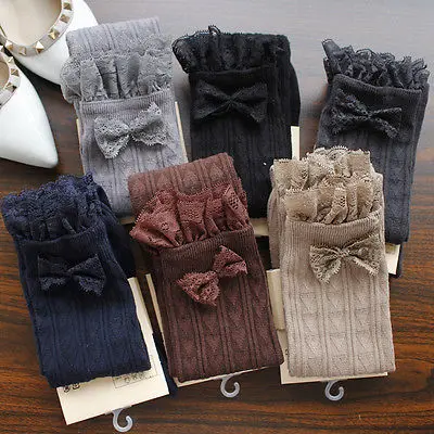Fashion Women Ladies Girls Winter Cable Knitted Lace Over Knee High Cotton Stocking Long Boot Thigh-High Warm Stockings Leggings