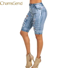 Тонкий карандаш брюки Половина Джинсы Для женщин летние рваные эластичный пояс по колено шорты Винтаж джинсовые брюки#0612
