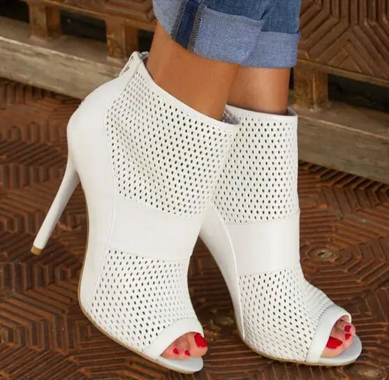 

Peep toe breather hollow out high heel women ankle boots white wedding party dress shoes stiletto heels pumps women plus size 42