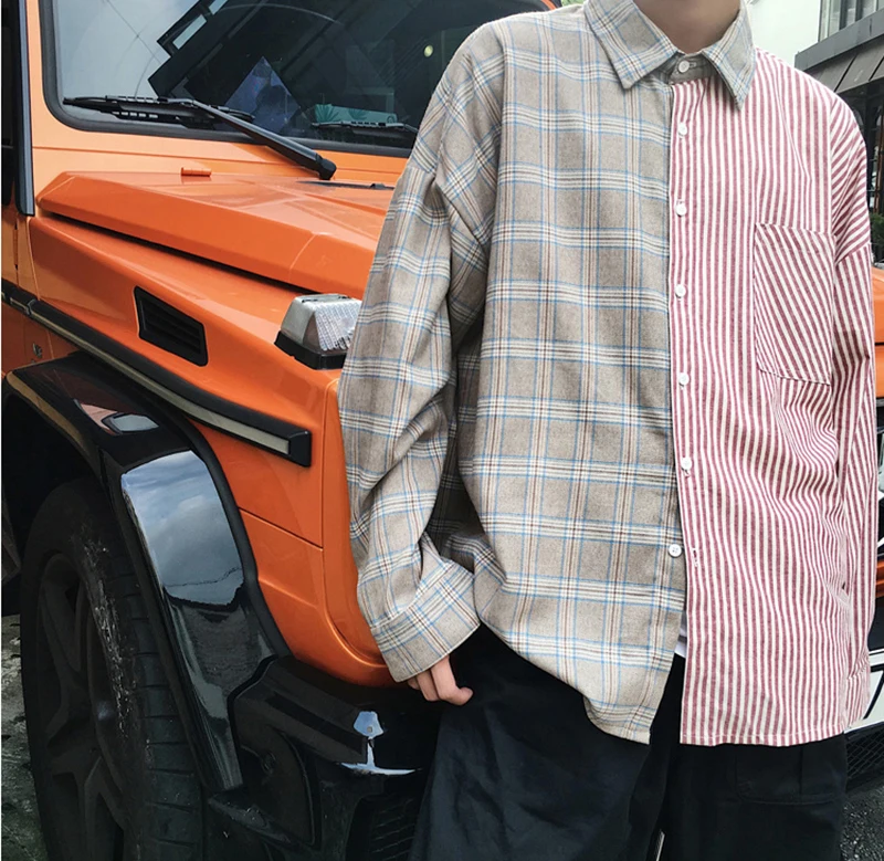 Корейская уличная полосатая рубашка для мужчин в стиле пэчворк, в клетку, с длинными рукавами, Повседневная рубашка из хлопка, Мужская одежда, японские рубашки для мужчин