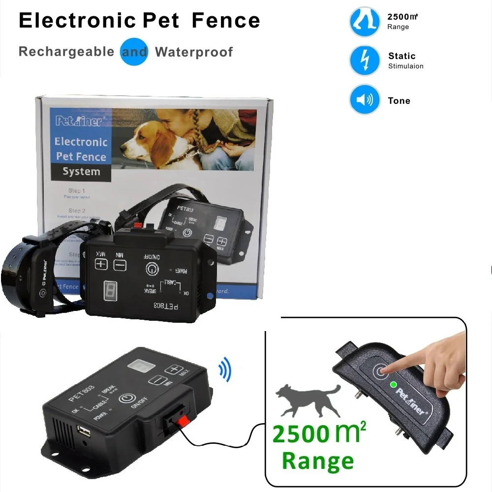 

PET803 Pet Dog Electric Fence Waterproof Rechargeable Safety Training Electric Shock Collar 200m Wireless Invisible Fence System