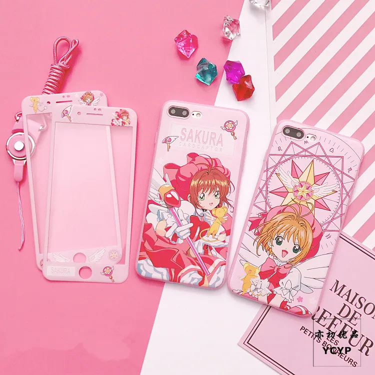 

For iphone X Sailor Moon Case +Tempered Glass Screen film ,Pink Cardcaptor Sakura case for iphone 6 6S plus 7 7plus 8 8plus Case