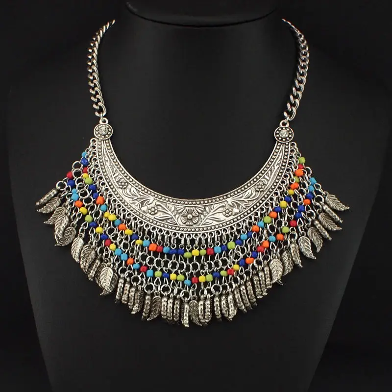 

UKEN Fashion Accessories 2018 Women Vintage Bohemian Statement Necklace Resin Beads Metal Leaf Pendant Chokers Jewelry N3451