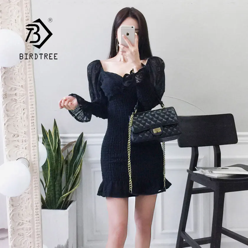 

2019 New Summer Women's Lace Flower Hollow Ruffle Dress Full Flare Sleeve Slim High Waist V Neck Vestido Lady Hot Sale D93803Z