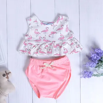 

Infant Baby Girls Clothing Sets Sleeveless Flamingo Print Ruffles White Tops+Bow Pink Shorts 2pcs Bebe Girls Kids Clothes Suits