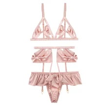 Yhotmeng розовый выдолбленный сексуальный ультра тонкий чашки галстук-бабочка бюстгальтер трусики нижнее белье Подвязки Пояс набор