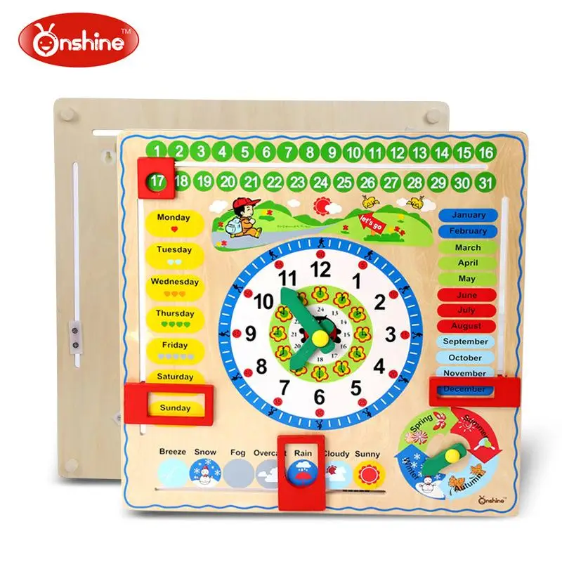 

Onshine Brand children wooden Calendar & Time learning toys/Kids baby big size 45*45cm clock with weather/date/week/English toys