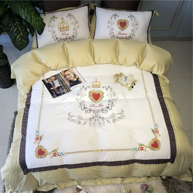 

New Love Embroidery 60S Egyptian Cotton Yellow White Bedding Set Queen King Size Duvet Cover Bed sheet/Linen Pillowcases 4/7pcs