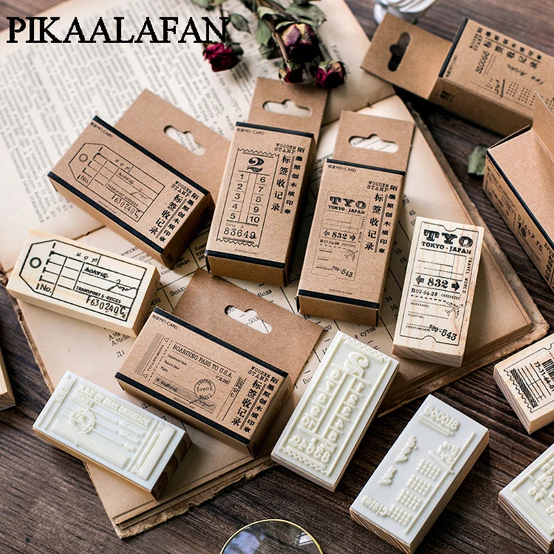 

PIKAALAFAN Label collection record Series Box Wood Stamp Scrapbook DIY Photo Album Card Decor Craft Wooden Rubber Stamp Toy