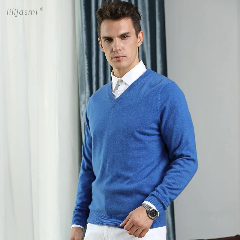 Лидер продаж! Базовая одежда мужская 100% кашемировый вязаный свитер v-образный вырез сплошной цвет Мужские пуловеры мужская плоская вязка