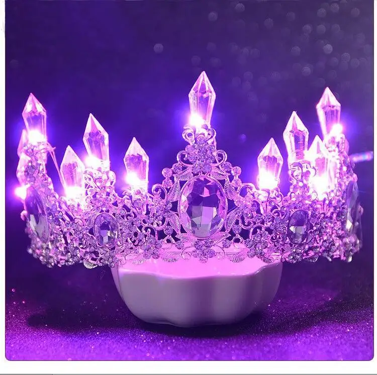 Новые сияющие светящиеся диадемы, белые, синие светящиеся стразы, свадебная корона, Роскошная принцесса диадема, корона для невесты, аксессуары для волос - Окраска металла: Pink Light